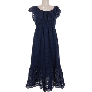 STELLAH | Navy Blue Eyelet On Off Shoulder Dress Ruffle Maxi  | Size Medium